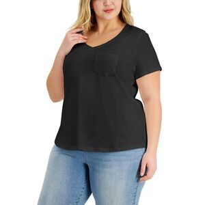 Style & Co Plus Size Cotton Solid V-Neck Top, Black, 1X